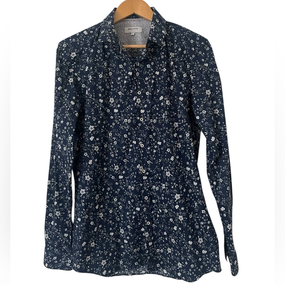 Politix Men’s Dark‎ Blue and White Floral Button Down Shirt Size Large